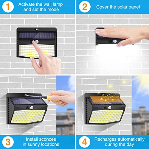 4 Packs Solar Security Lights Outdoor Motion Sensor, 138 LED Solar Fence Lights With 3 Modes, IP65 Waterproof Solar Lights Outdoor, Solar Wall Li