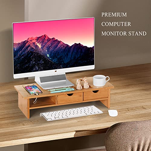 Monitor Stand Riser Desk Organizer-Bamboo 2 Tier Laptop Stand with Drawers,Adjustable Desktop Storage Organizer for Computer, Use in Office,Home/