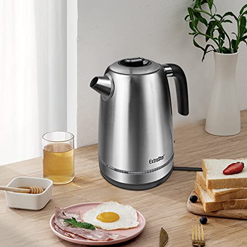 ExtraStar 1.7 Litre Fast Boil Electric Kettle, 2500-3000W Brushed Finish Stainless Steel Kettle, Measuring Window with Cup Level and LED Indicato