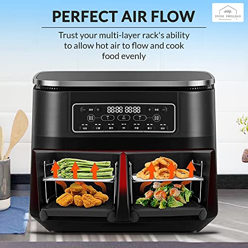 Divine Dwellings 8 PCS Dual Air Fryer Accessory Set with Reusable Silicone Liner, Stainless Steel Racks Compatible with Ninja AF300UK, Tower T170