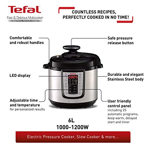 Tefal All-in-One Electric Pressure/Multi Cooker, (6 Portions), Black/Stainless Steel, CY505E40, 6L, 1000-1200W