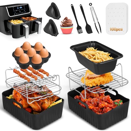 Dual Air Fryer Accessories Set of 10 for Ninja Foodi AF300UK/AF400UK/Tower T17088/Salter, Air Fryer Accessories with Silicone Air Fryer Liners, A