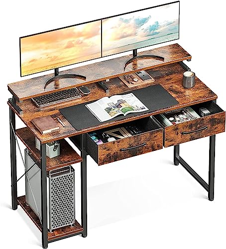 ODK Computer Desk with Drawers, Office Desk with Storage & Shelves, Work Writing Desk with Monitor Stand Shelf, Rustic Brown Home Office Desks fo