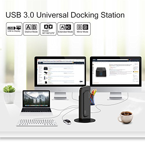 WAVLINK USB 3.0 / USB C Universal Dual Display Docking Station Support HDMI and DVI/VGA/HDMI with 6 USB Ports,Gigabit Ethernet and Audio Jack for
