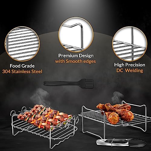 One Emporium Air Fryer Rack 2 Pcs, Ninja Air Fryer Accessories for Dual Air Fryers, Multi-Purpose 304 Stainless Steel Double Layer with Oil Brush