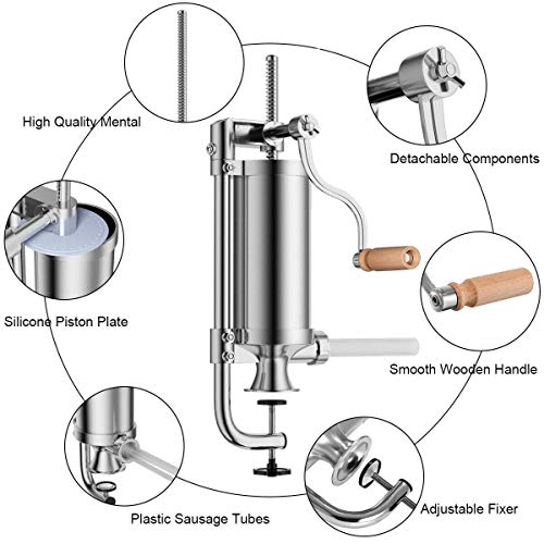 Jascherry 2.5 LB Sausage Filler Stuffer Home Made Machine - Stainless Steel Vertical Sausage Maker with Suction Base and Manual Crank for Househo