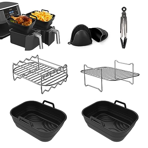 EAIMi Dual Air Fryer Accessories, 7 Pcs Air Fryer Accessories for Ninja Dual Air Fryer Af400UK & AF451UK 9.5L, Collapsible Silicone Air Fryer Lin