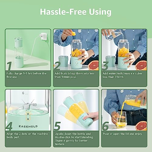 EASEHOLD Portable Blender, Personal Blender for Shakes and Smoothies, 350ml Fruit Juice Mixer with 6 Blades USB Rechargeable, 12Oz Mini Blender,
