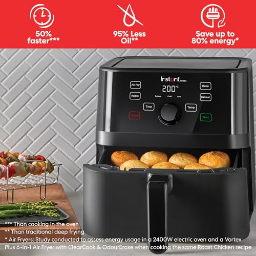 Instant Vortex Digital Single Drawer Air Fryer with Easy to Use 4 Smart Programmes - Air Fry, Bake, Roast and Reheat Capacity, Non-Stick and Dish