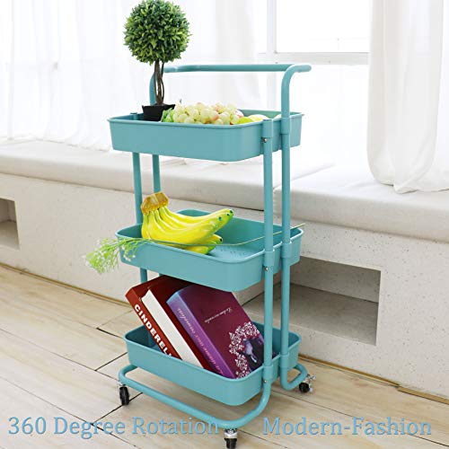 Piowio 3 Tier Utility Rolling Cart Multifunction Organizer Shelf Storage Cart with 3 Piece Cups and 8 Piece Hooks for Home Kitchen Bathroom Laund