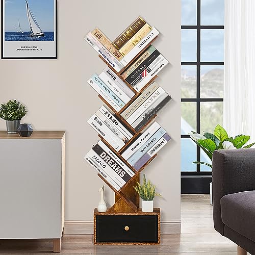 SHEEPAM 8 Tier Tree Bookshelf with Drawer, Free Standing Wood Bookcase for Narrow Space, Storage Organizer Bookshelves for Books, Book Case for H