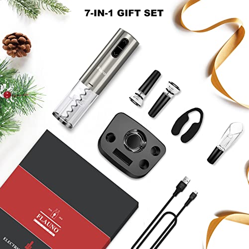 Flauno Electric Wine Bottle Opener - Rechargeable Automatic Corkscrew Set - Electric Bottle Opener Set with Charging Base | Foil Cutter | Vacuum