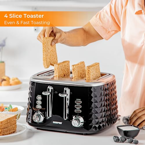 Geepas 4 Slice Bread Toaster with 7 Level Browning Control | Removable Crumb Tray, Defrost, Reheat & Cancel Function, Cord Storage | 2 Year Warra