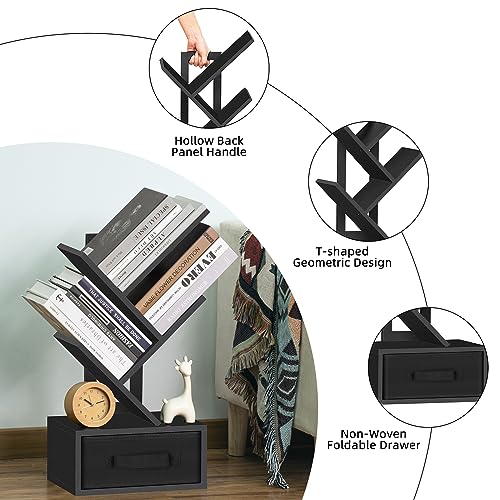 SHEEPAM Small Book Shelf with Drawer,3 Tier Black Tree Bookshelf,Wooden Desktop Bookcase,Modern Desk Display Storage Bookshelves,Floor Standing O