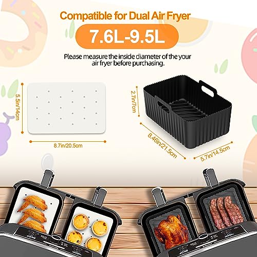 Air Fryer Accessories, 8pcs for Ninja Dual AF400UK & Tower T17088 & AF300UK, Dual Silicone Air Fryer Liners & Gloves, Air Fryer Rack & Food Tong