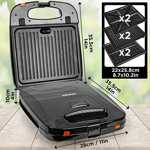 Duronic 3-in-1 Snack Maker SWM60 | Panini Press & Griddle, Waffle Iron, Toastie Sandwich Maker | 3 SETS OF INTERCHANGEABLE PLATES | 1200W | Non-S