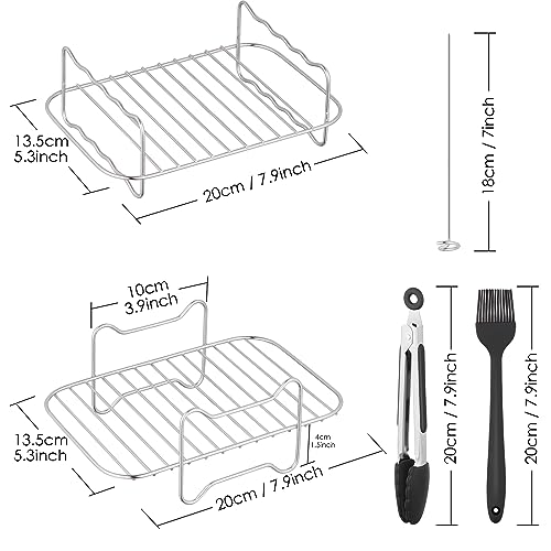 BEZORR 2PCS Air Fryer Rack,Reusable Double Air Fryer Rack,304 Stainless Steel Grilling Rack Toast Rack Cooking Rack with 4Skewers,1Oil Brush and