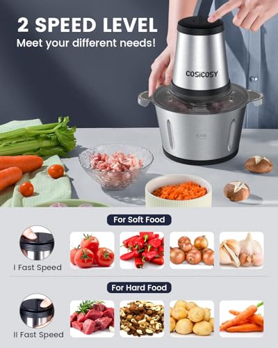 Food Processor, Cosicosy 2L Meat Grinder with 4 Durable Blades, 2 Speed Adjustable Food Grinder Stainless Steel Food Chopper for Meat, Salad, Sau