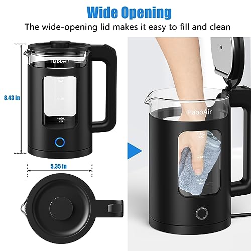 Haooair Electric Kettle, 1.5 Liter Easy to Clean Glass Kettle with Blue LED, Fast Boil Quiet, BPA-Free, Boil-Dry Protection