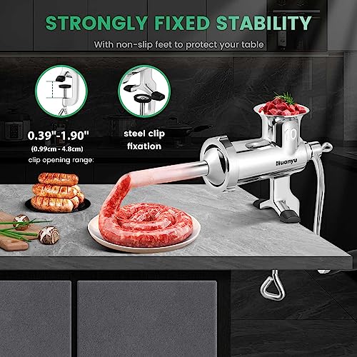 Huanyu Meat Grinder Manual Stainless Steel Hand Meat Grinder and Sausage Maker Manual Meat Mincer Dishwasher-Safe Meat Mincer Grinder Size 10