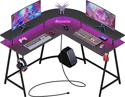 SUPERJARE L Shaped Gaming Desk with Power Outlets & LED Lights, Carbon Fiber Surface, Computer Desk with Monitor Stand, Home Office Desk Corner D