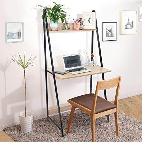 SpringSun 2-Tier Ladder Computer Desk with Storage Bookshelf, Modern Writting Table for Office and Home