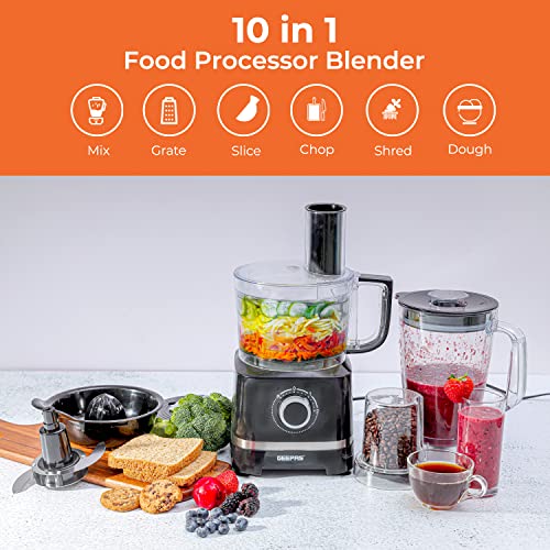 Geepas 800W 10 in 1 Food Processor Blender | Multifunctional Electric Blender Chopper Shredder Slicer French Fry Cutter Citrus Juicer Whisk Emuls