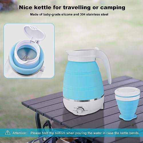 Tam88 Portable Travel Collapsible Kettle Lightweight for Campervan, 0.6L Folding Electric Camping Bedroom, Blue with Cups