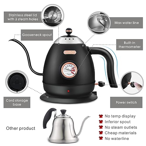 Electric Gooseneck Kettle with Temperature Display, Black Pour Over Coffee Kettle 100% Stainless Steel Hot Water Boiler, 1000W Fast Boil Kettles,