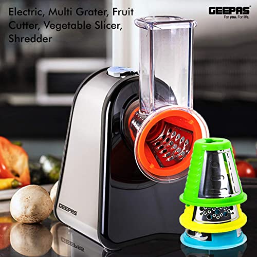 Geepas 200W 4 in 1 Electric Salad Maker | Electric, Multi Grater, Fruit Cutter, Vegetable Slicer, Shredder | Food Processor, Cylinder Design with
