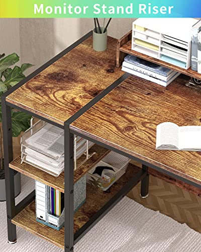 MINOSYS Computer Desk - 39” Gaming Desk, Home Office Desk with Storage, Small Desk with Monitor Stand, Rustic Writing Desk for 2 Monitors, Adjust