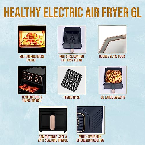 Belaco Air Fryers, 6L Oil free Air Fryer, 1700w with Rapid Air Circulation for Healthy & Fast Cooking, 60 Min Timer, No stick, Adjustable Tempera