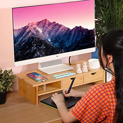 Monitor Stand Riser Desk Organizer-Bamboo 2 Tier Laptop Stand with Drawers,Adjustable Desktop Storage Organizer for Computer, Use in Office,Home/