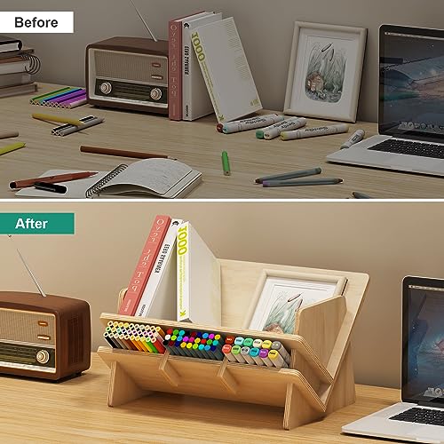 RekRang Desktop Bookshelf Desk Organizer Shelf,Tabletop Tilted Bookcases with Pen Holder,3-in-1 Wood Storage Rack Display Stand Shelf Home Office