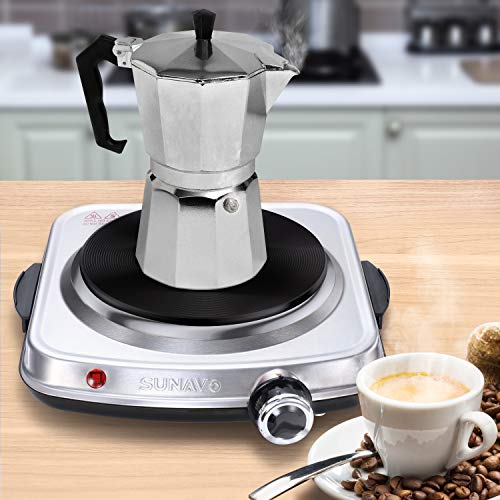 SUNAVO 1500W Hot Plates for Cooking, Electric Single Burner with Handles, 6 Power Levels Stainless Steel Hot Plate for Kitchen Camping RV and Mor