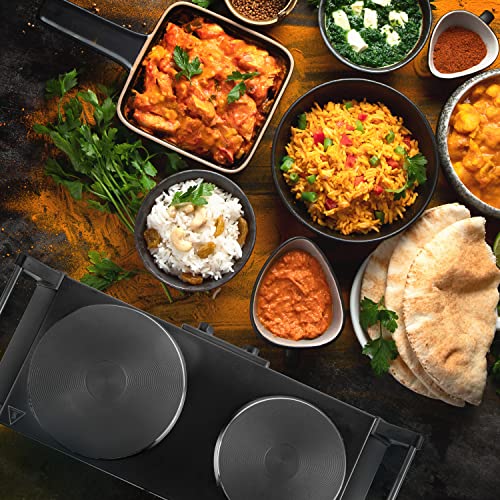 Duronic Hot Plate HP2 BK, Table-Top Cooking, 2500W Black Steel Electric Double Hob with Handles, 2 Cast Iron Portable Hob Rings (1500W & 1000W) f