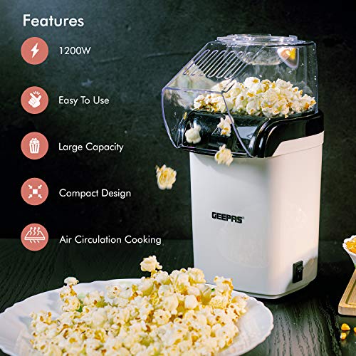 Geepas 1200W Electric Popcorn Maker | Makes Hot, Fresh, Healthy & Fat-Free Theater Style Popcorn Anytime | On/Off Switch, Attractive Design & Oil