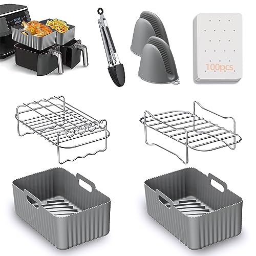 Air Fryer Accessories, 8pcs for Ninja Dual AF400UK & Tower T17088 & AF300UK, Dual Silicone Air Fryer Liners & Gloves, Air Fryer Rack & Food Tong