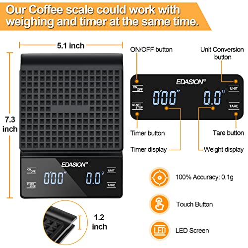 Digital Coffee Scale with Timer 0.1g/3KG High Precision Kitchen Scale Waterproof Electronic Food Weighing Espresso Scale, Large LED Display, Touc
