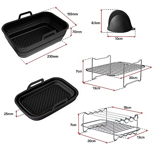 Alrens 8.5'' Foldable Silicone Air Fryer Liners, Dual Accessories Set for Ninja AF400UK &AF451UK, Kit with Rack, Gloves, Food Clip, Oil Brush
