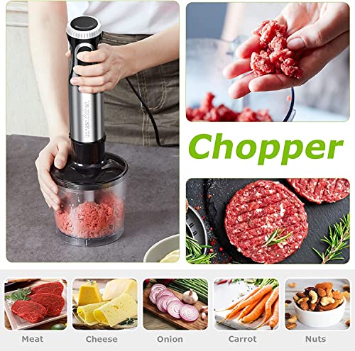 Bonsenkitchen Stainless Steel Hand Blender, 4-in-1 Stick Blender 1000W, 20 Speed Adjustable, with Whisk, 500ml Chopper and 700ml Measuring Cup, F
