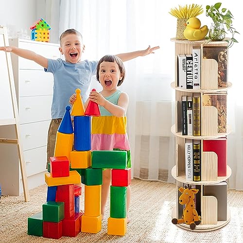 MYOYAY 4-Tier Solid Wood Bookshelf Floor Standing Bookcase 360° Rotation Book Storage Cabinet Magazines Potted Plants Display Stand Holds Up to 2