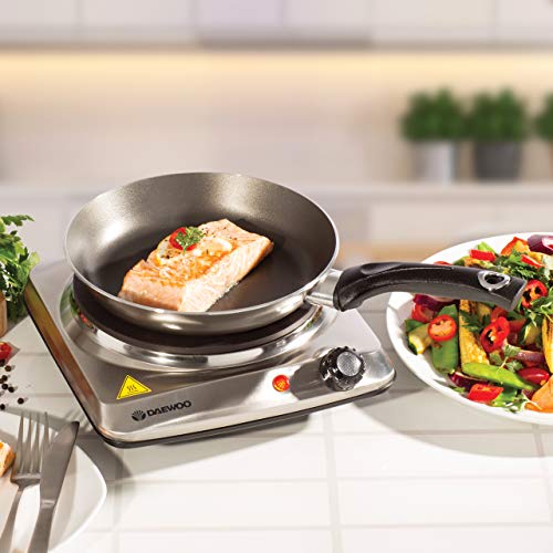 Daewoo SDA1731 Single Hot Plate-Portable & Compact-Cast Iron Heating Element-On/Off Indicator Lights-Non-Slip Feet-Durable Stainless Steel Housin