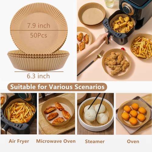 Air Fryer Accessories, Includes 7 inch Cake Barrel, Pizza Pan and 50Pcs Non-stick Disposable Air Fryer Liners Baking Paper, Silicone Basting Past