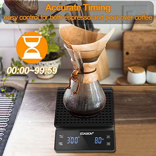 Digital Coffee Scale with Timer 0.1g/3KG High Precision Kitchen Scale Waterproof Electronic Food Weighing Espresso Scale, Large LED Display, Touc