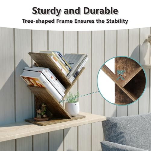 RUISHENG Tree Bookshelf, 4 Shelves Bookcase for Books/Magazines/CDs, Floor Standing Bookshelf for Office, Bedroom, Home (Rustic Brown)