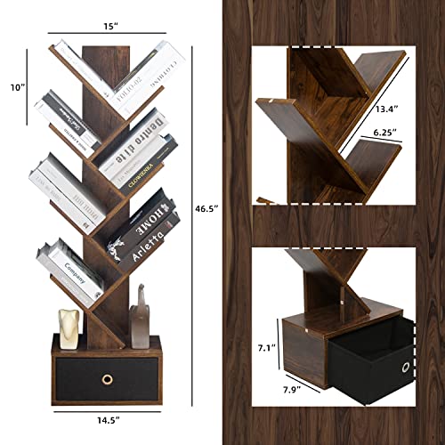 LAZYLAND Brown Bookshelf with Drawer, 6-Tier Floor Standing Tree Bookshelf, for CDs/Movies/Books, Utility Organizer Shelves for Home Office, Bedr