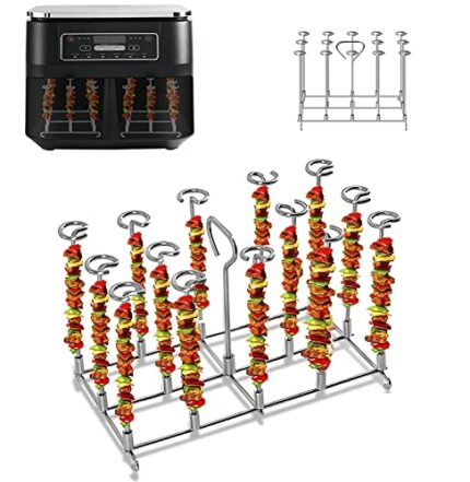 Zemoeng Air Fryer Skewer Rack for Ninja Dual, BBQ Rack with 14 Skewers, 304 Stainless Steel Grilling Rack Air Fryer Accessories for Double Basket