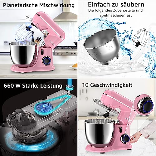 AILESSOM 3-IN-1 Electric Stand Mixer, 660W 10-Speed With Pulse Button, Attachments include 6.5QT Bowl, Dough Hook, Beater, Whisk for Most Home Co