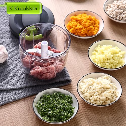 K Kwokker Manual Food Chopper, 900ml Manual Food Processors Pull String with 10 Sharp 420 Stainless Steel Blades, Vegetable Chopper Shredder, Oni